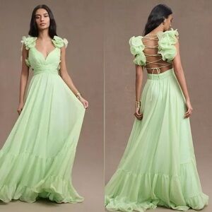 NWT Mac Duggal Ruffle tiered Cut-Out Chiffon Gown - Mint green - 67911 - Sz 8